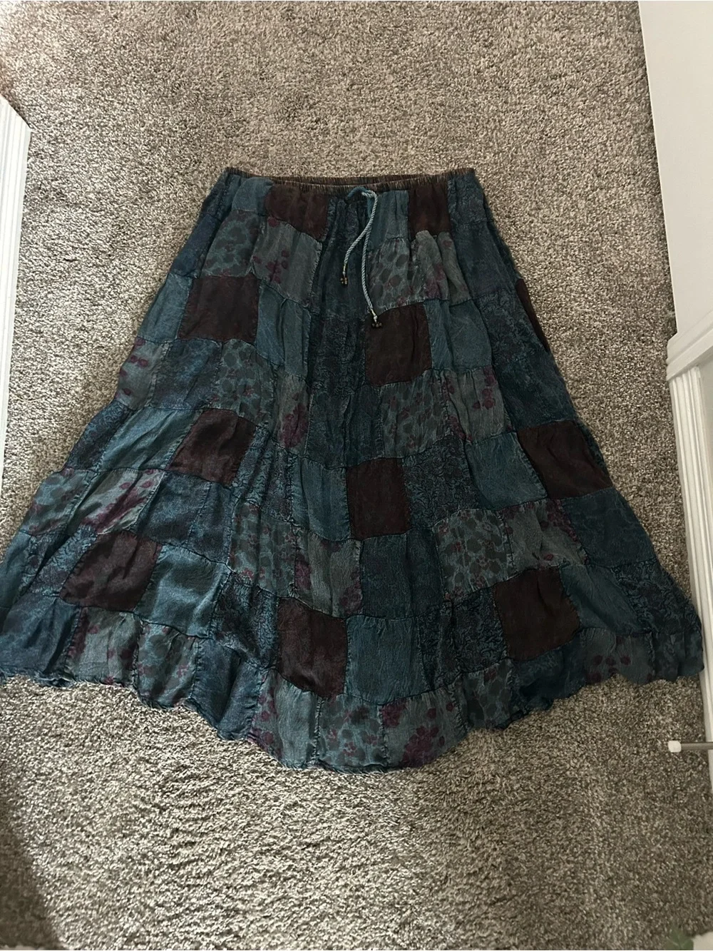 Bohemian Patchwork Maxi Skirt - Teal & Brown - Picture 1 of 3